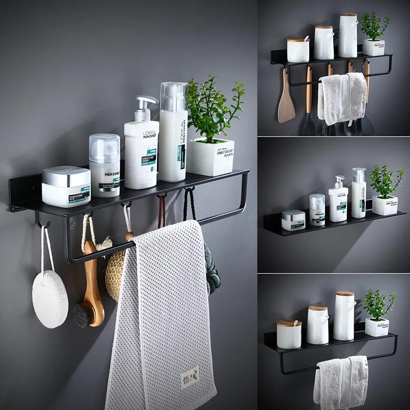 Black Bathroom Shelves Kitchen ShelfHooks Wall Shelf Shower Storage Rack Towel Bar Bathroom Accessories 30-50 Cm Len